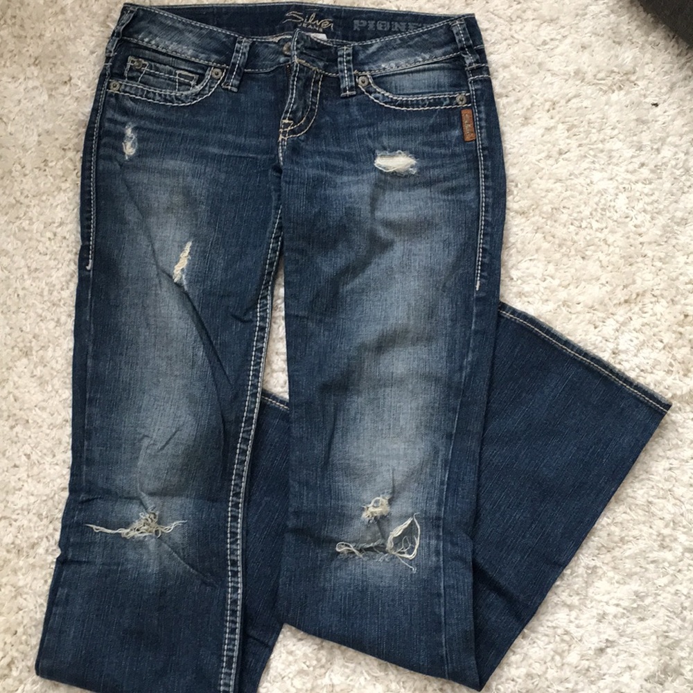Silver Jeans Pioneer Flare in 27x35 deconstructed